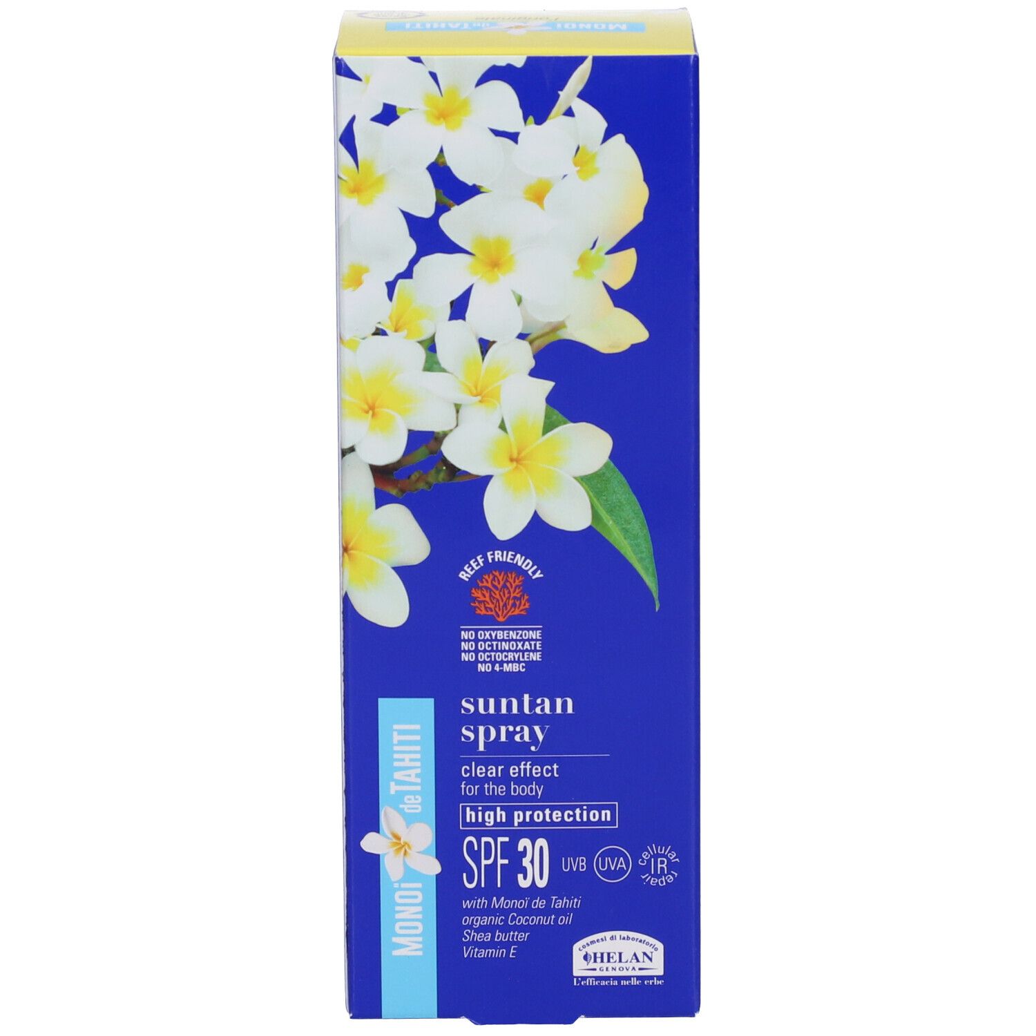 Blaue Schachtel mit Blüten und Produktinformationen. Aufschrift: MONOI de TAHITI, spray solare, effetto trasparente, SPF30.