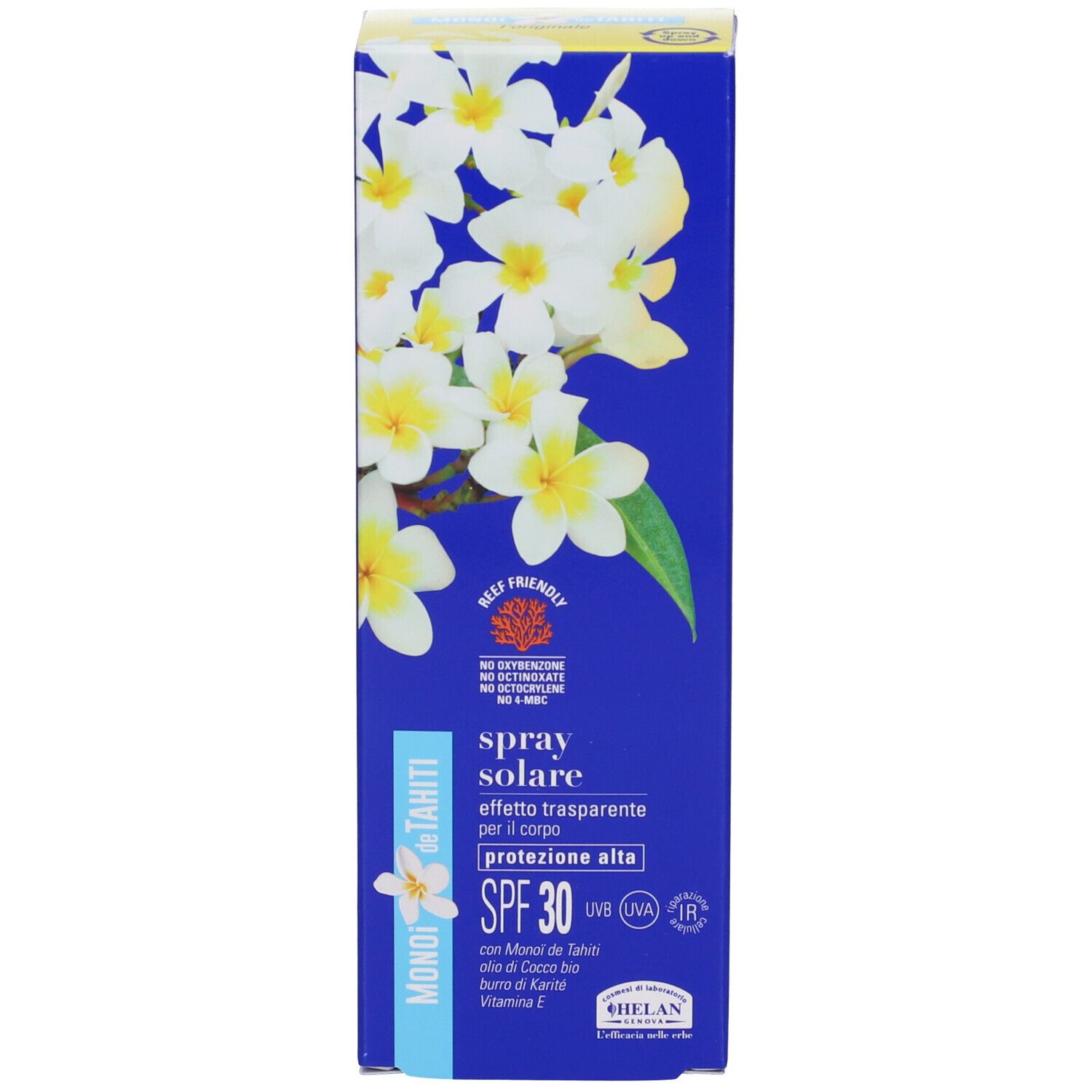 Blaue Schachtel mit Blüten und Produktinformationen. Aufschrift: MONOI de TAHITI, spray solare, effetto trasparente, SPF30.