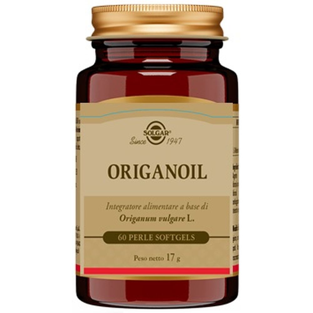 Flacone di vetro marrone con tappo dorato. Etichetta con nome prodotto ORIGANOIL e marchio SOLGAR. Contiene 60 softgels.