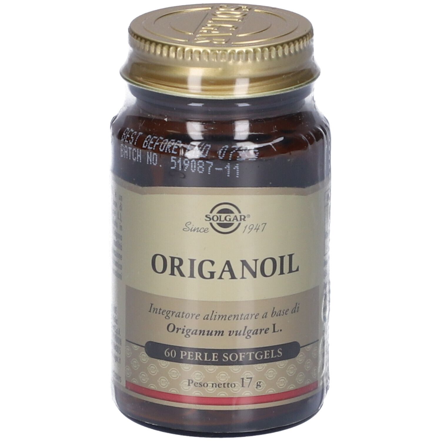 Flacone di vetro marrone con tappo dorato. Etichetta con nome prodotto ORIGANOIL e marchio SOLGAR. Contiene 60 softgels.