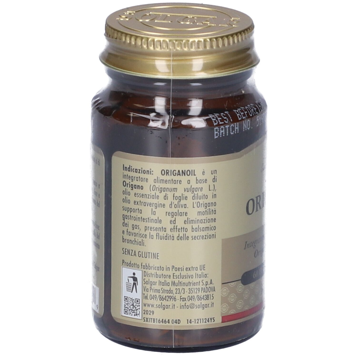 Retro di un flacone di vetro marrone con tappo dorato. Etichetta con testo, tra cui ORIGANOIL, ingredienti e informazioni produttore.