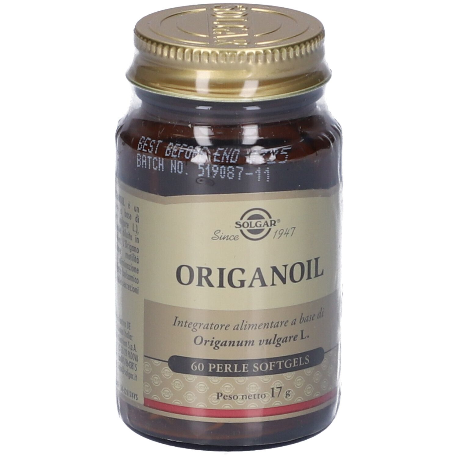 Flacone di vetro marrone con tappo dorato. Etichetta con nome prodotto ORIGANOIL e marchio SOLGAR. Contiene 60 softgels.