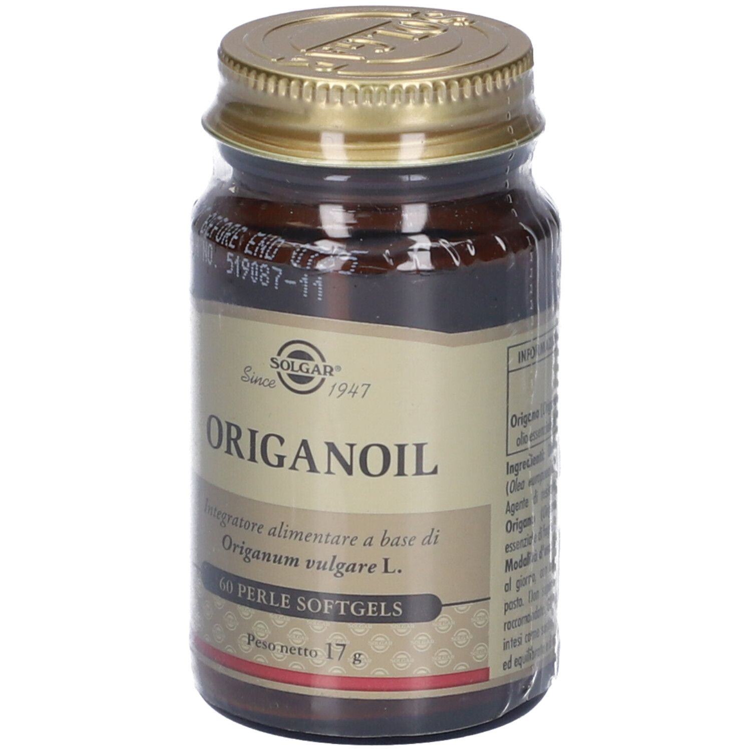 Flacone di vetro marrone con tappo dorato. Etichetta con nome prodotto ORIGANOIL e marchio SOLGAR. Contiene 60 softgels.