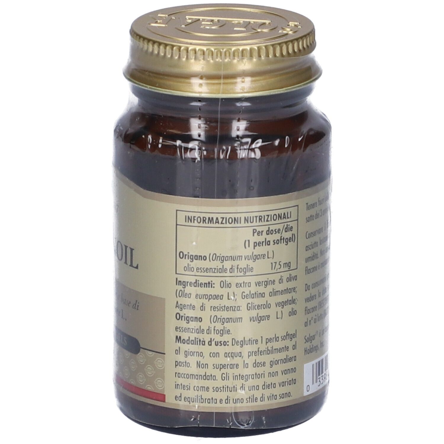 Retro di un flacone di vetro marrone con tappo dorato. Etichetta con informazioni nutrizionali e ingredienti. Contiene ORIGANOIL.