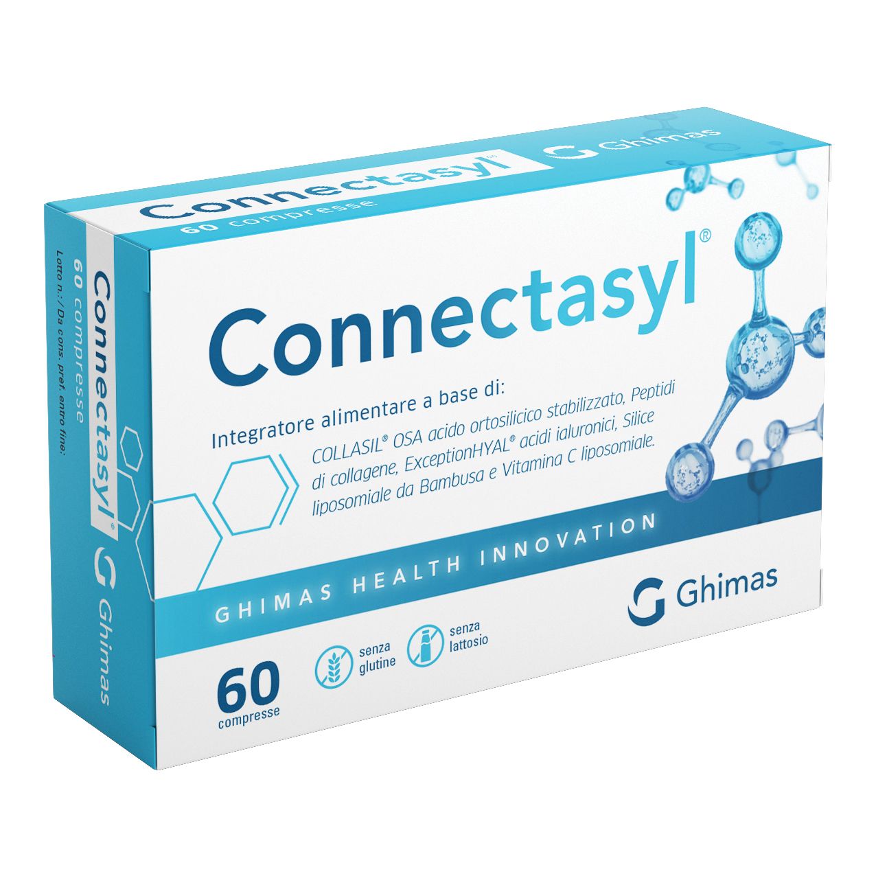 Confezione di Connectasyl Kompresse. Scatola bianca e blu con nome del prodotto e 60 compresse. Logo Ghimas Health Innovation.