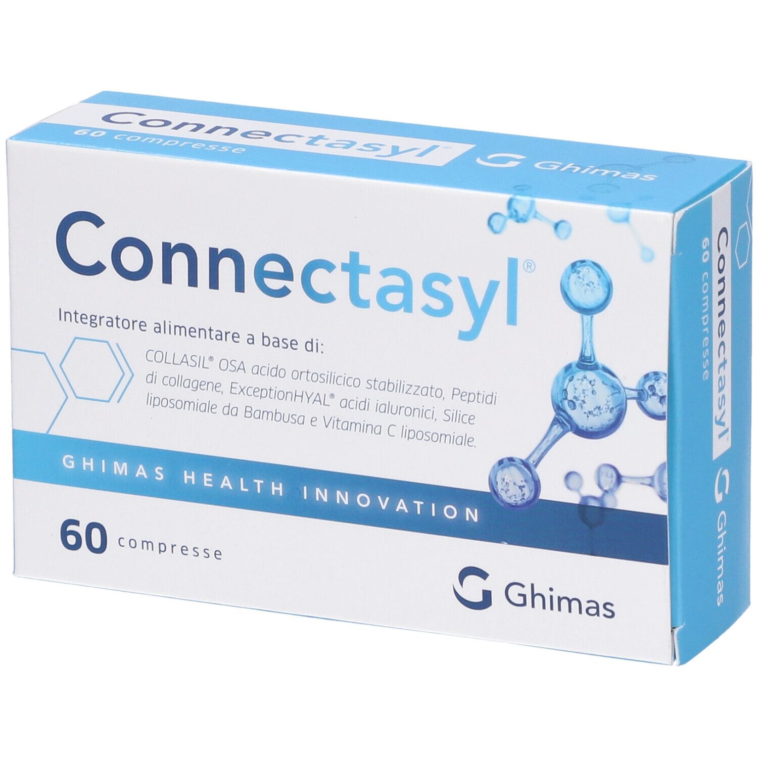 Confezione di Connectasyl Kompresse. Scatola bianca e blu con nome del prodotto e 60 compresse. Logo Ghimas Health Innovation.