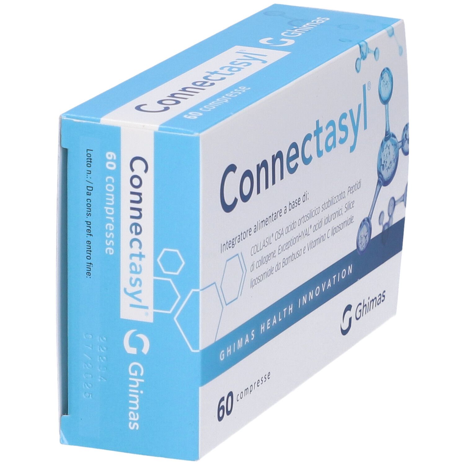 Confezione di Connectasyl Kompresse. Scatola bianca e blu con nome del prodotto e 60 compresse. Logo Ghimas Health Innovation.