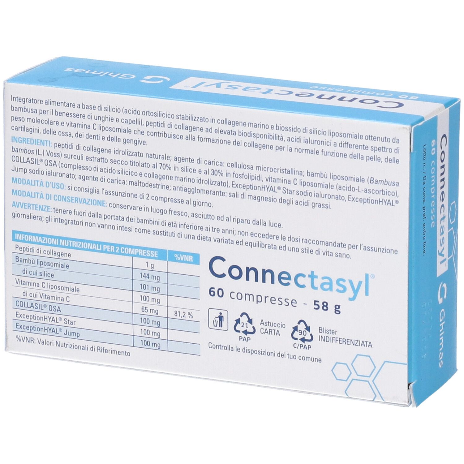 Retro della confezione di Connectasyl Kompresse. Contiene informazioni sugli ingredienti e i valori nutrizionali. 60 compresse.