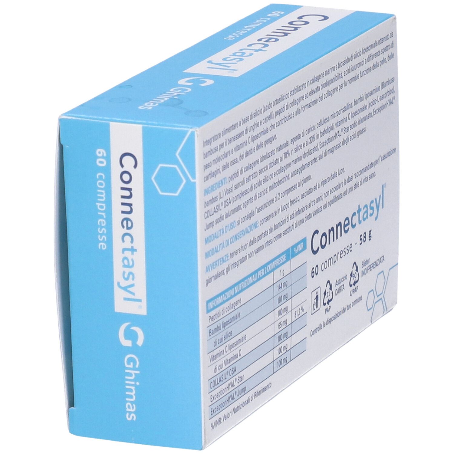 Retro della confezione di Connectasyl Kompresse. Contiene informazioni sugli ingredienti e i valori nutrizionali. 60 compresse.