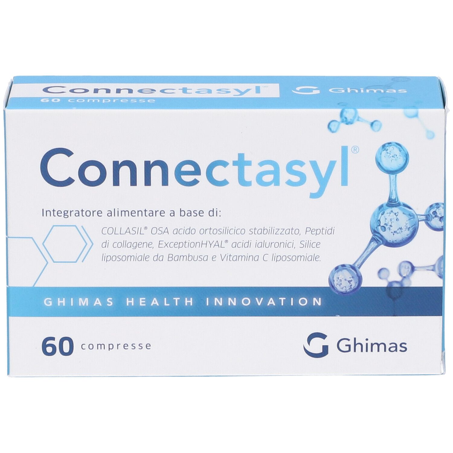 Confezione di Connectasyl Kompresse. Scatola bianca e blu con nome del prodotto e 60 compresse. Logo Ghimas Health Innovation.