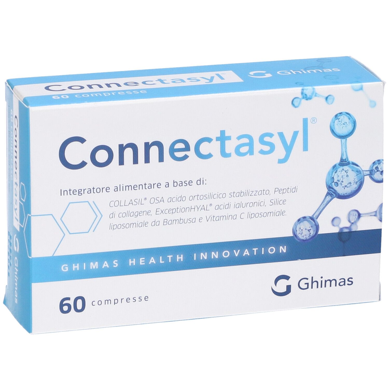 Confezione di Connectasyl Kompresse. Scatola bianca e blu con nome del prodotto e 60 compresse. Logo Ghimas Health Innovation.
