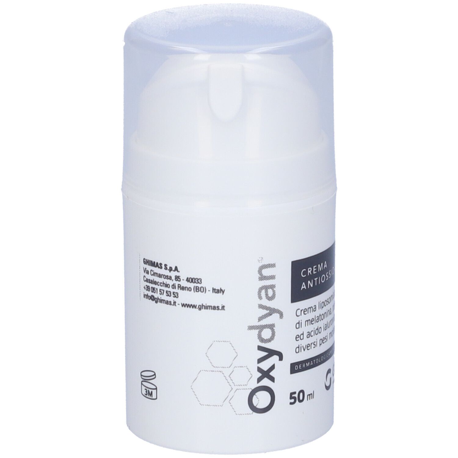 Tubo di crema bianco con tappo trasparente. Scritta "Oxydyan" e "50 ml".