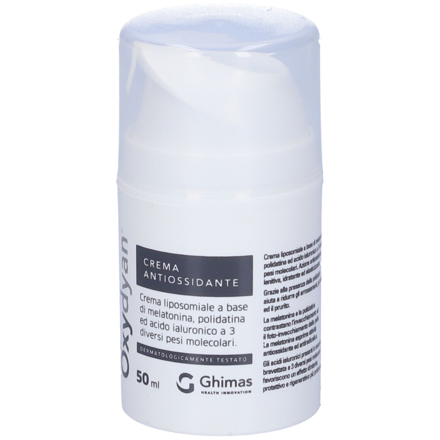 Tubo di crema bianco con tappo trasparente. Scritta "Oxydyan", "CREMA ANTIOXIDANTE" e "50 ml".