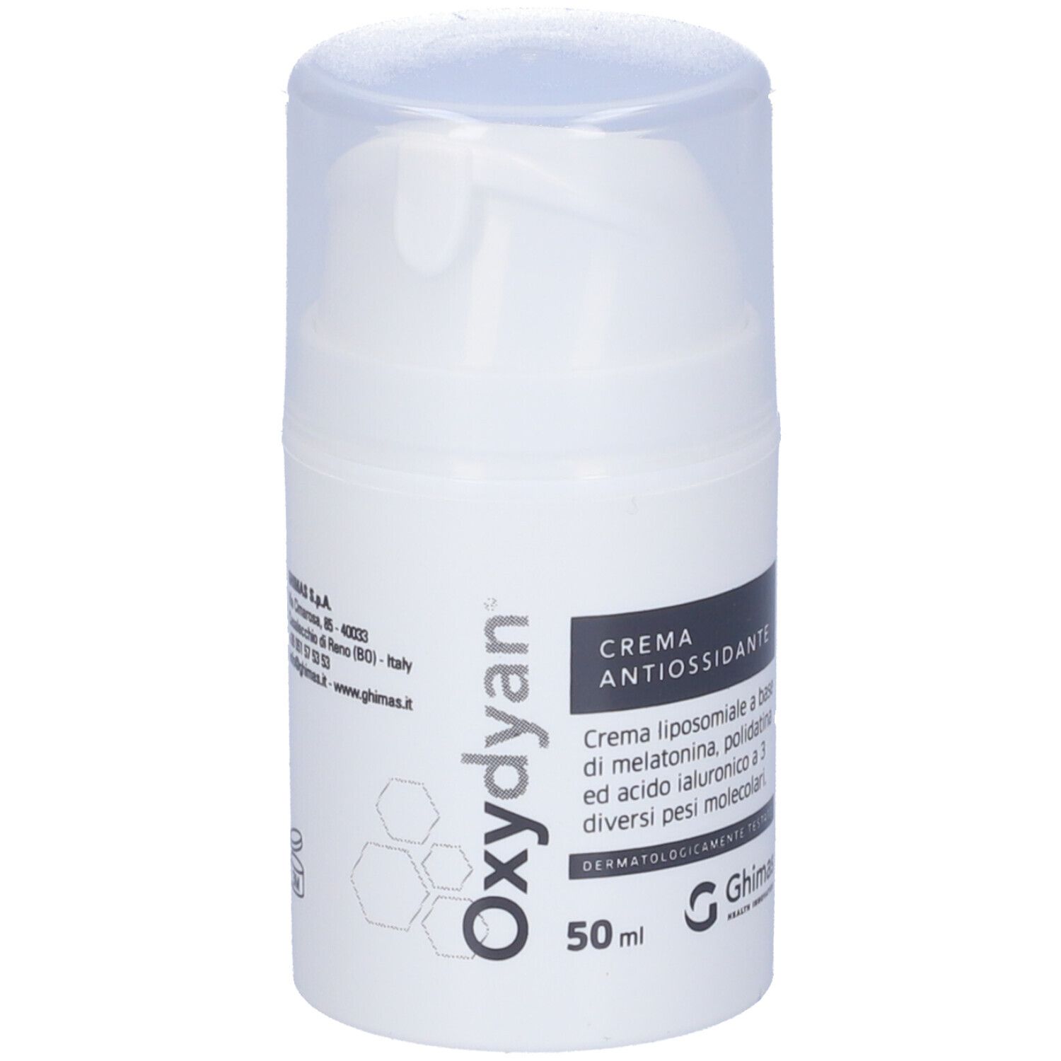 Tubo di crema bianco con tappo trasparente. Scritta "Oxydyan", "CREMA ANTIOXIDANTE" e "50 ml".
