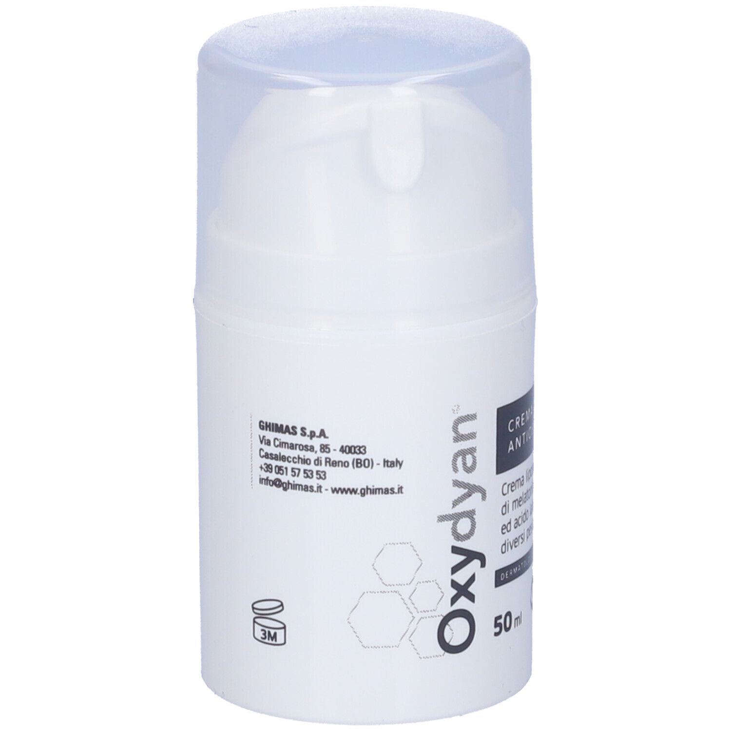 Tubo di crema bianco con tappo trasparente. Scritta "Oxydyan", "CREMA ANTIOXIDANTE" e "50 ml".