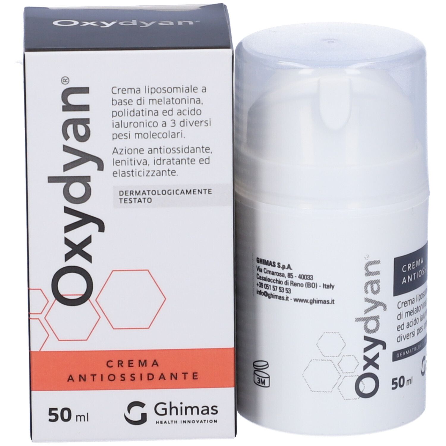 Tubo di crema bianco e scatola. Scritta "Oxydyan", "CREMA ANTIOXIDANTE" e "50 ml".