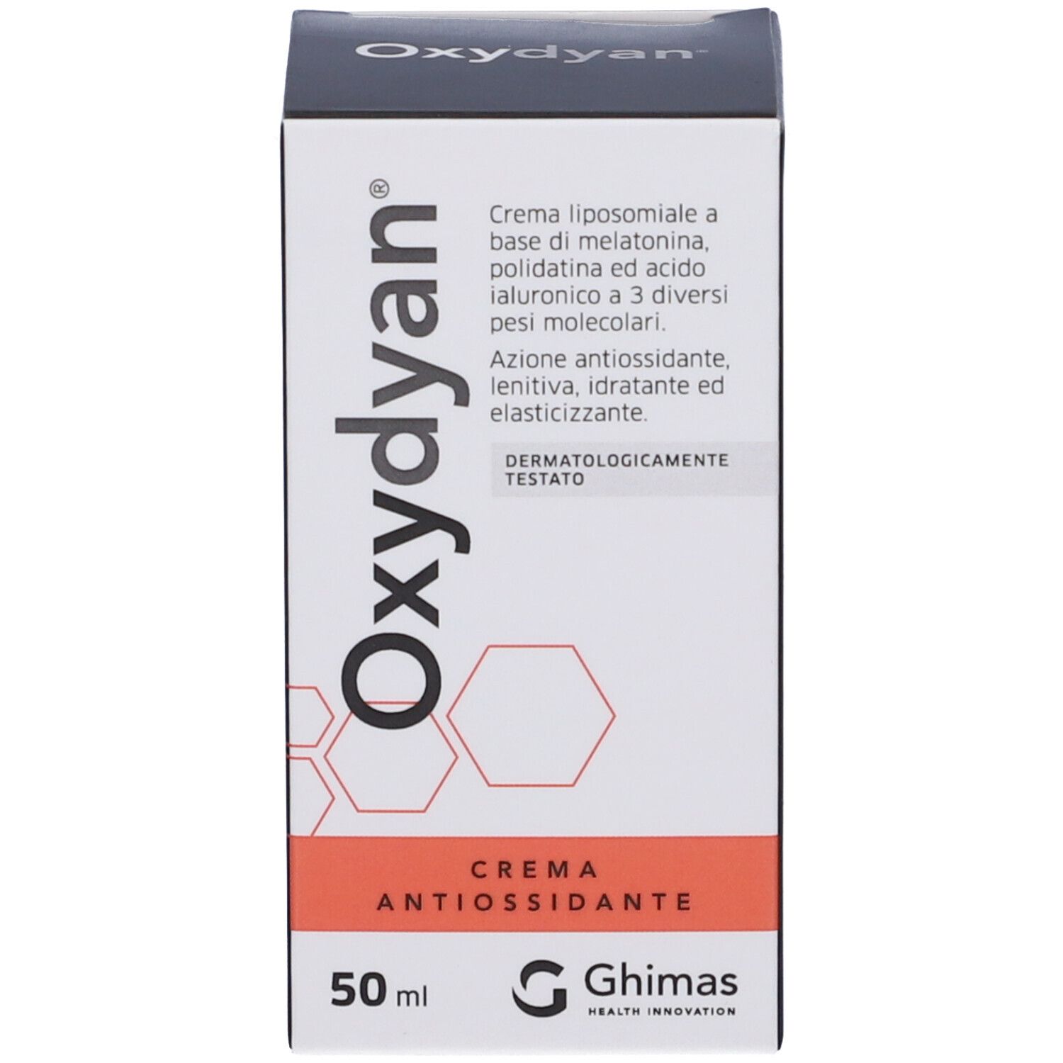 Scatola con scritta "Oxydyan", "CREMA ANTIOXIDANTE" e "50 ml".