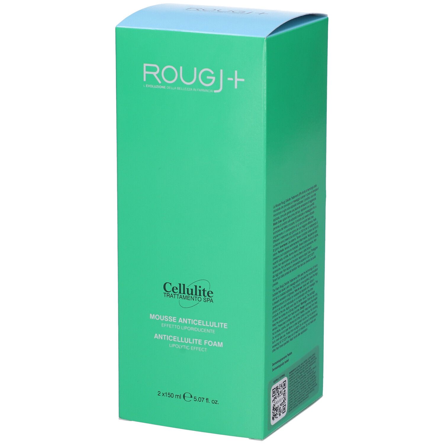 Confezione verde di ROUGJ+ Cellulite Trattamento SPA Mousse Anticellulite. Testo: Cellulite, Mousse Anticellulite, Anticellulite Foam.