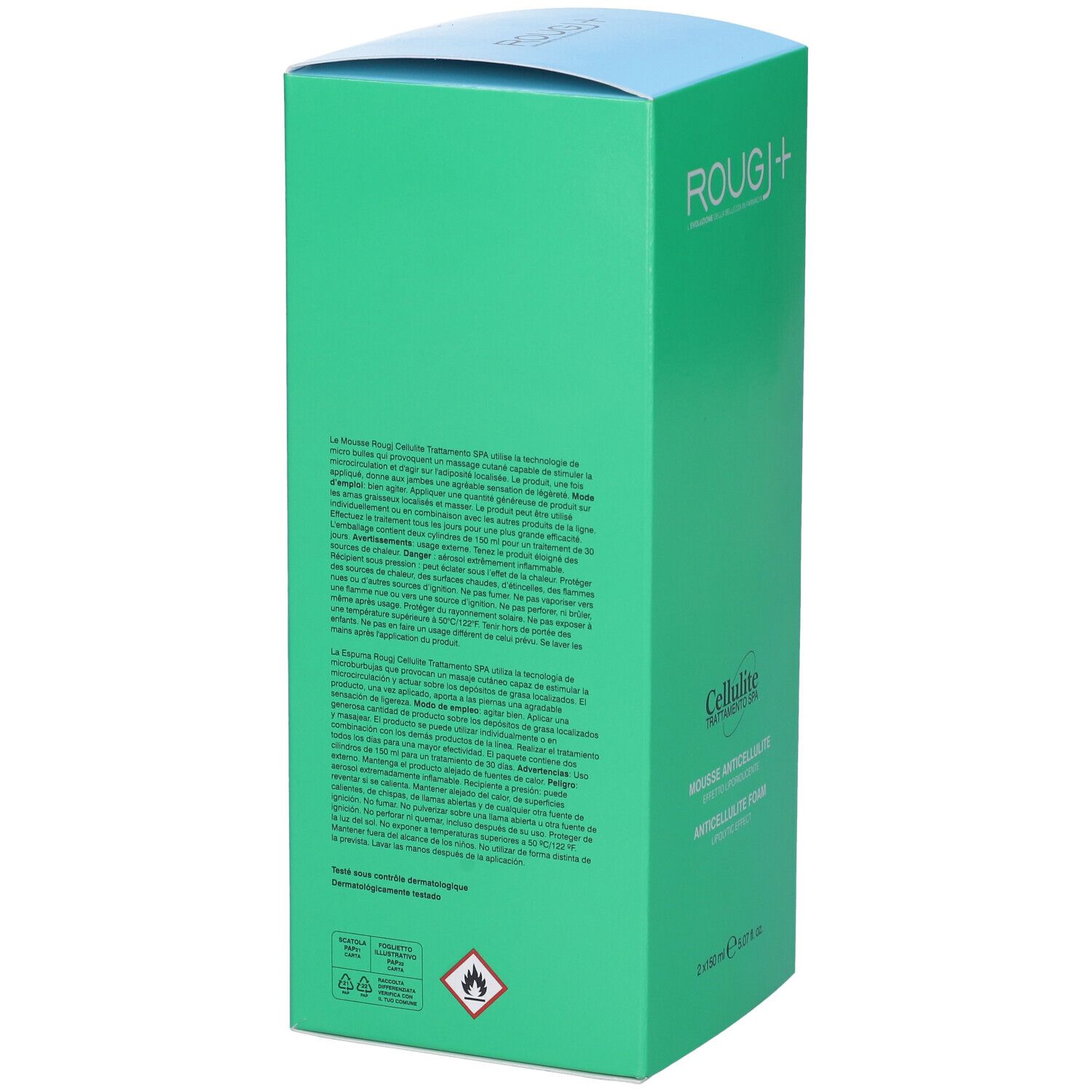 Retro della confezione verde di ROUGJ+ Cellulite Trattamento SPA Mousse Anticellulite. Testo e simboli.