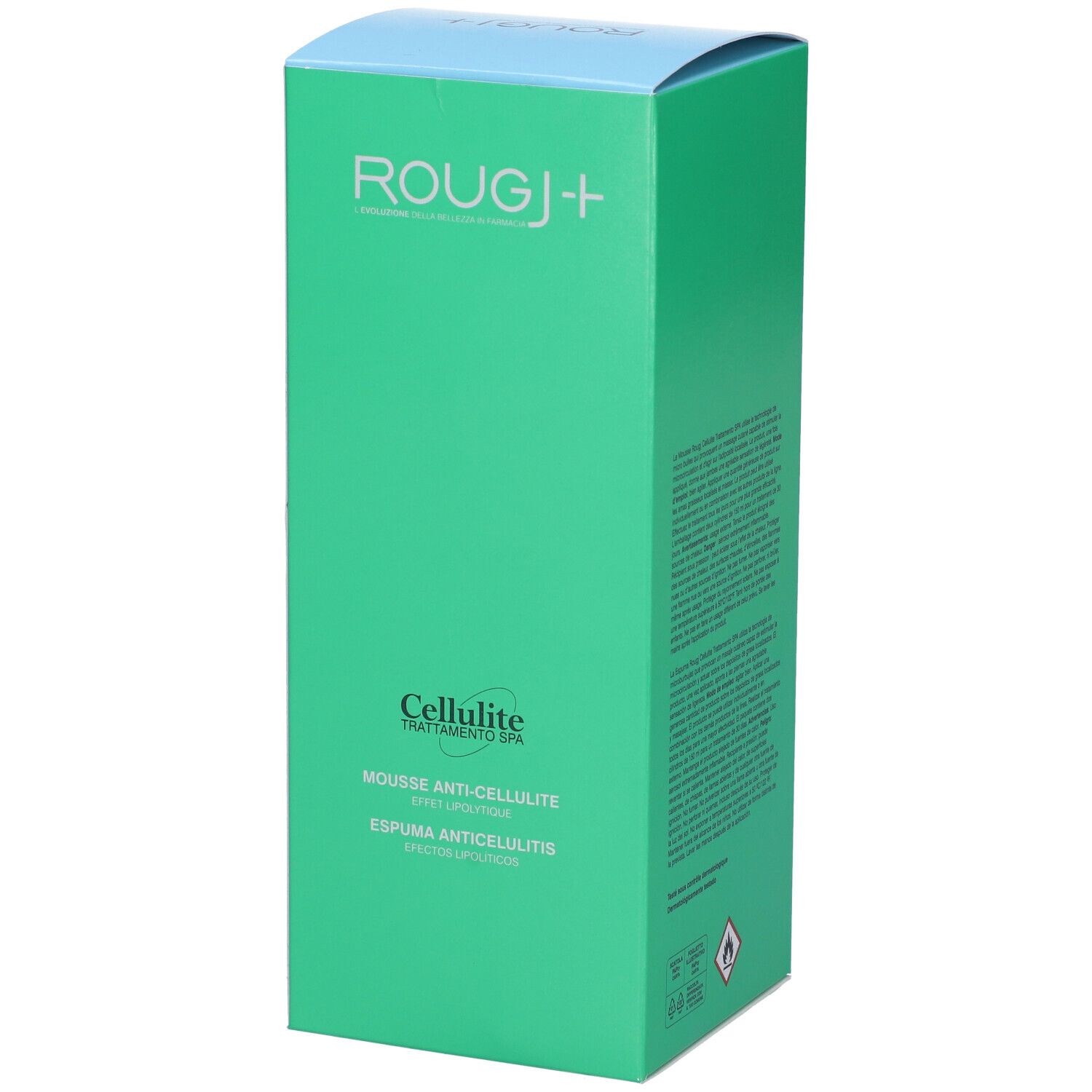 Confezione verde di ROUGJ+ Cellulite Trattamento SPA Mousse Anticellulite. Testo: Cellulite, Mousse Anticellulite, Espuma Anticellulitis.