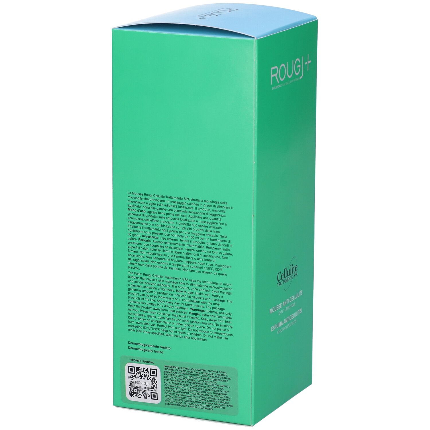 Retro della confezione verde di ROUGJ+ Cellulite Trattamento SPA Mousse Anticellulite. Testo e simboli.