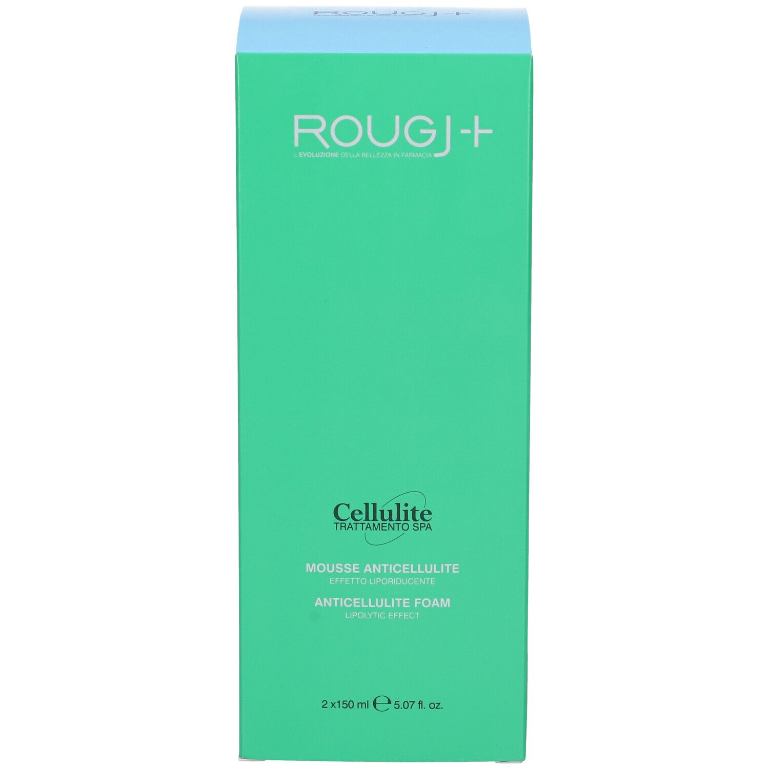 Confezione verde di ROUGJ+ Cellulite Trattamento SPA Mousse Anticellulite. Testo: Cellulite, Mousse Anticellulite, Anticellulite Foam.