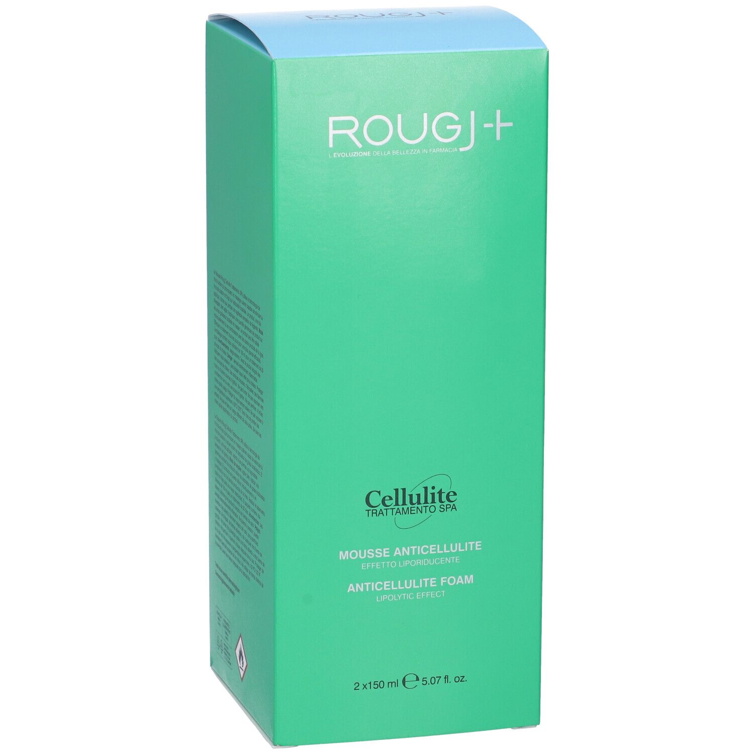Confezione verde di ROUGJ+ Cellulite Trattamento SPA Mousse Anticellulite. Testo: Cellulite, Mousse Anticellulite, Anticellulite Foam.