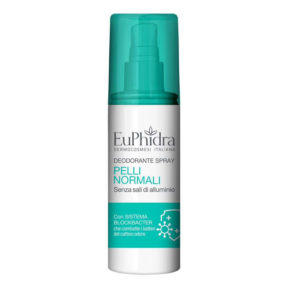 Spray deodorante con tappo turchese. Scritta: Euphidra, Deodorante Spray Pelli Normali, senza sali di alluminio.