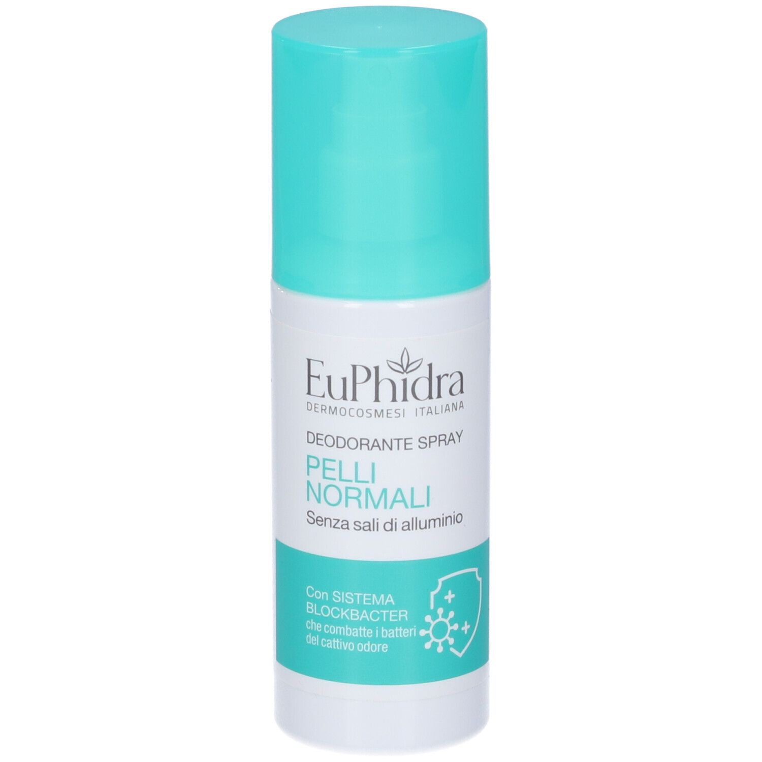 Spray deodorante con tappo turchese. Scritta: Euphidra, Deodorante Spray Pelli Normali, senza sali di alluminio. Con Blockbacter.