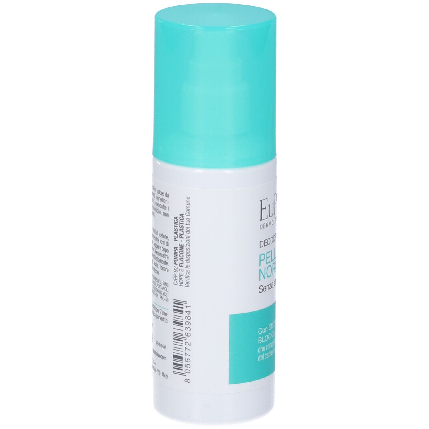 Spray deodorante con tappo turchese. Scritta: Euphidra, Deodorante Spray Pelli Normali, senza sali di alluminio. Con Blockbacter.