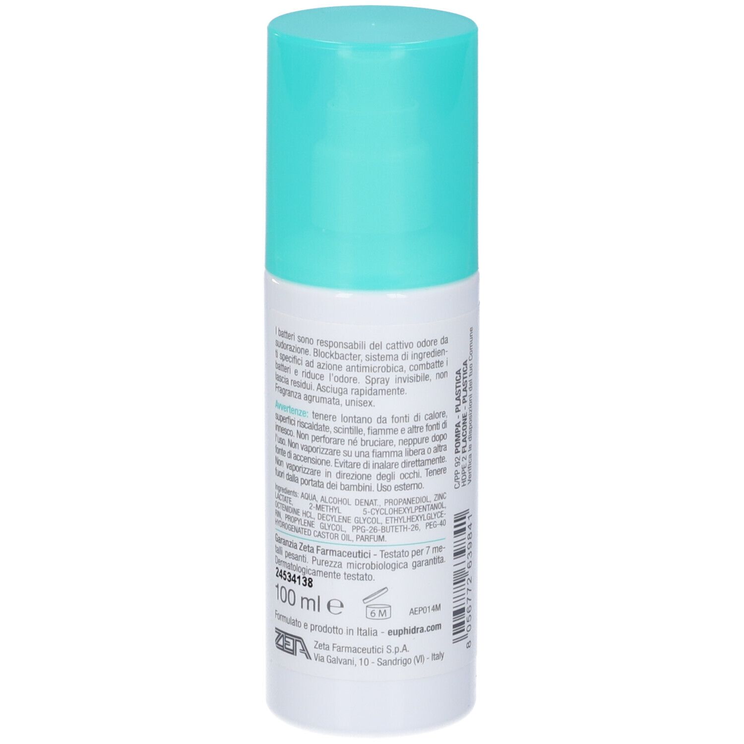 Spray deodorante con tappo turchese. Scritta: Euphidra, Deodorante Spray Pelli Normali, senza sali di alluminio. Retro con testo.