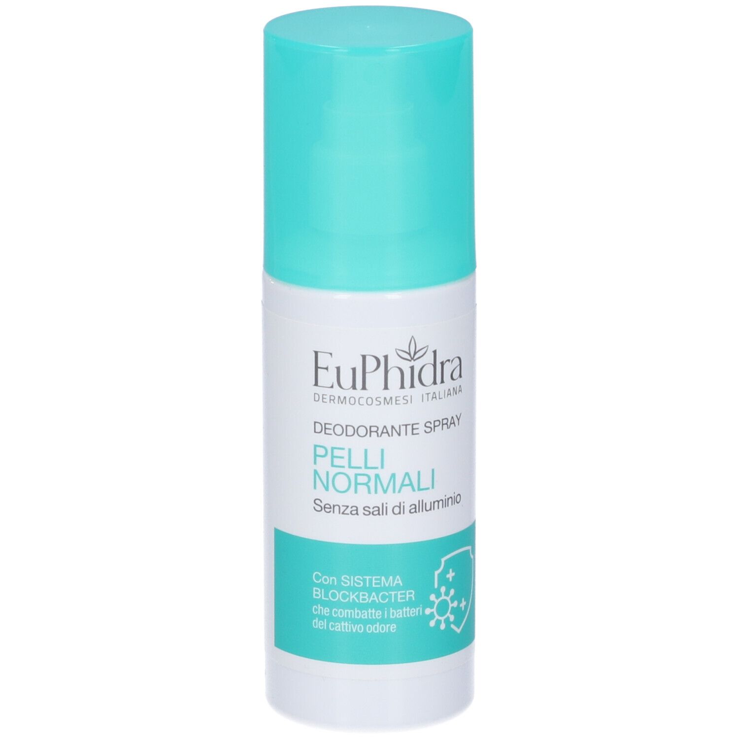 Spray deodorante con tappo turchese. Scritta: Euphidra, Deodorante Spray Pelli Normali, senza sali di alluminio. Retro con testo.