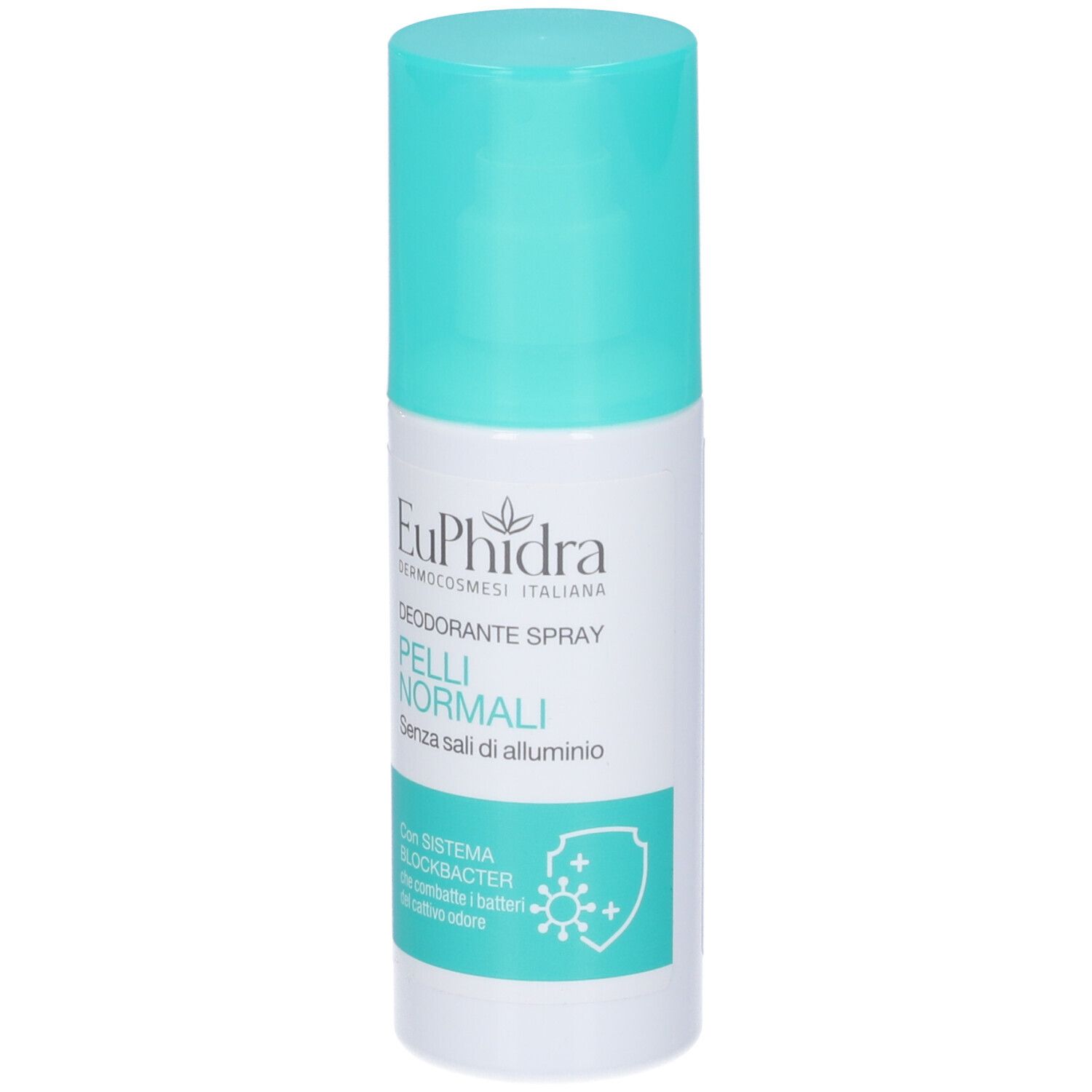 Spray deodorante con tappo turchese. Scritta: Euphidra, Deodorante Spray Pelli Normali, senza sali di alluminio. Con Blockbacter.