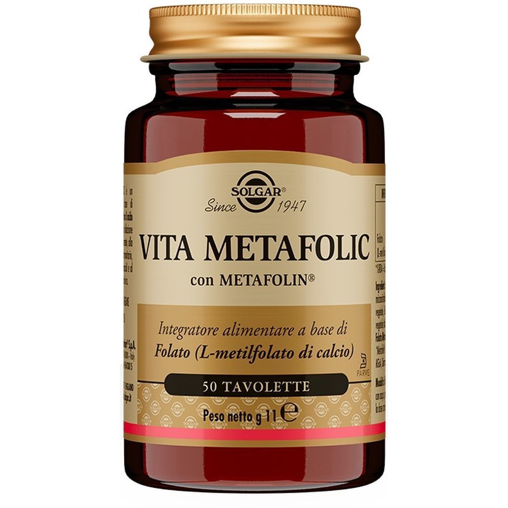 Flacone di vetro marrone con tappo dorato. Scritta: Vita Metafolic, 50 compresse. Marchio: Solgar.