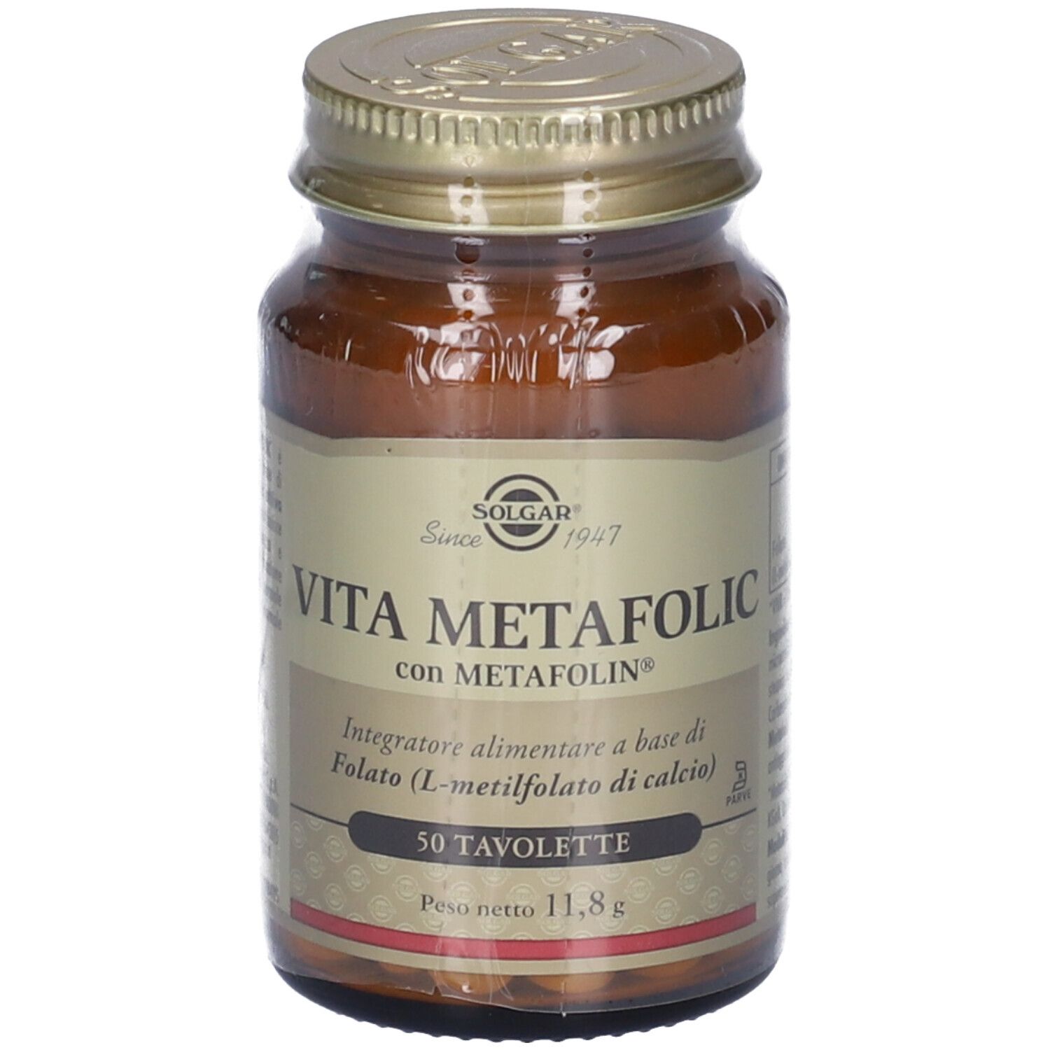 Flacone di vetro marrone con tappo dorato. Scritta: Vita Metafolic, 50 compresse. Marchio: Solgar.