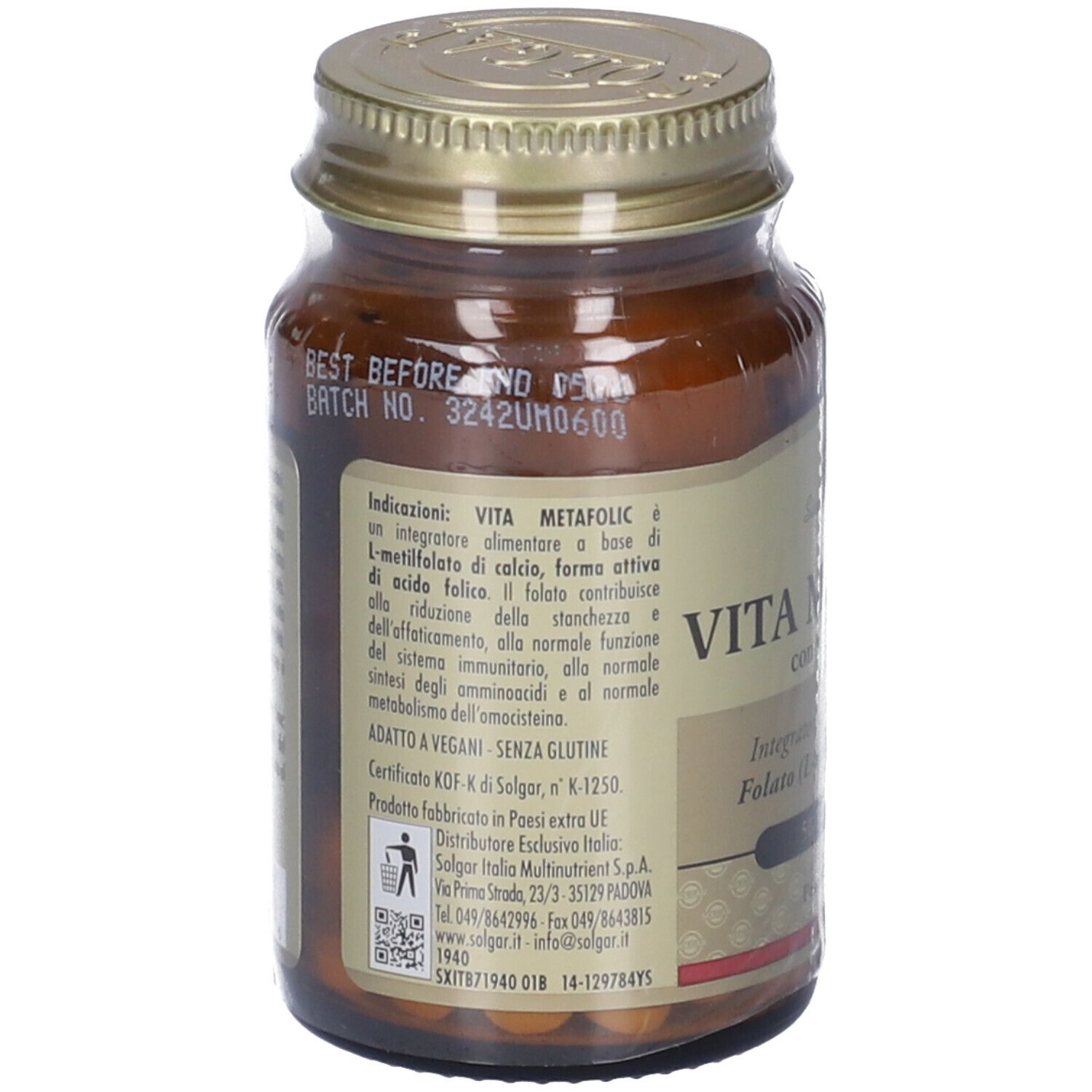 Flacone di vetro marrone con tappo dorato. Retro con testo. Scritta: Vita Metafolic. Marchio: Solgar.