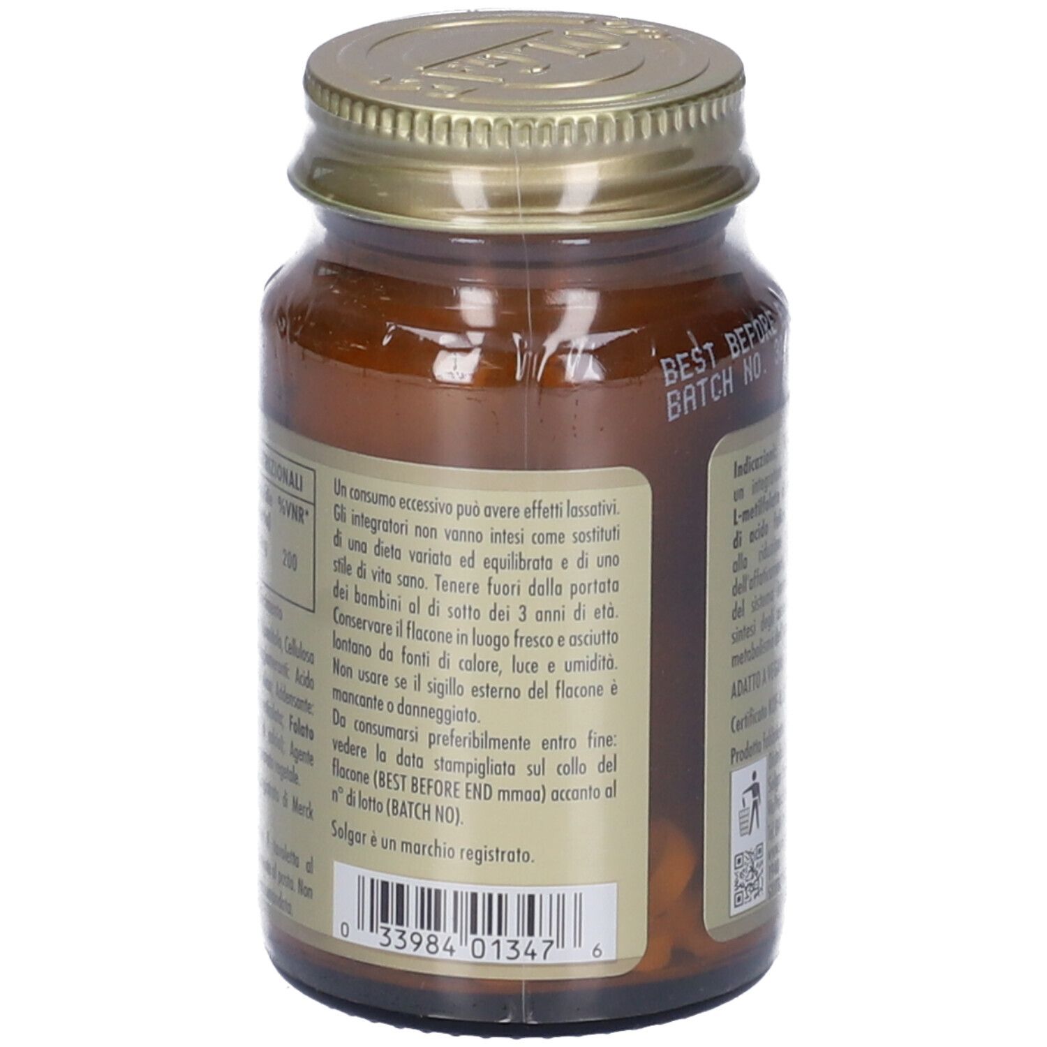 Flacone di vetro marrone con tappo dorato. Retro con testo. Scritta: Vita Metafolic. Marchio: Solgar.