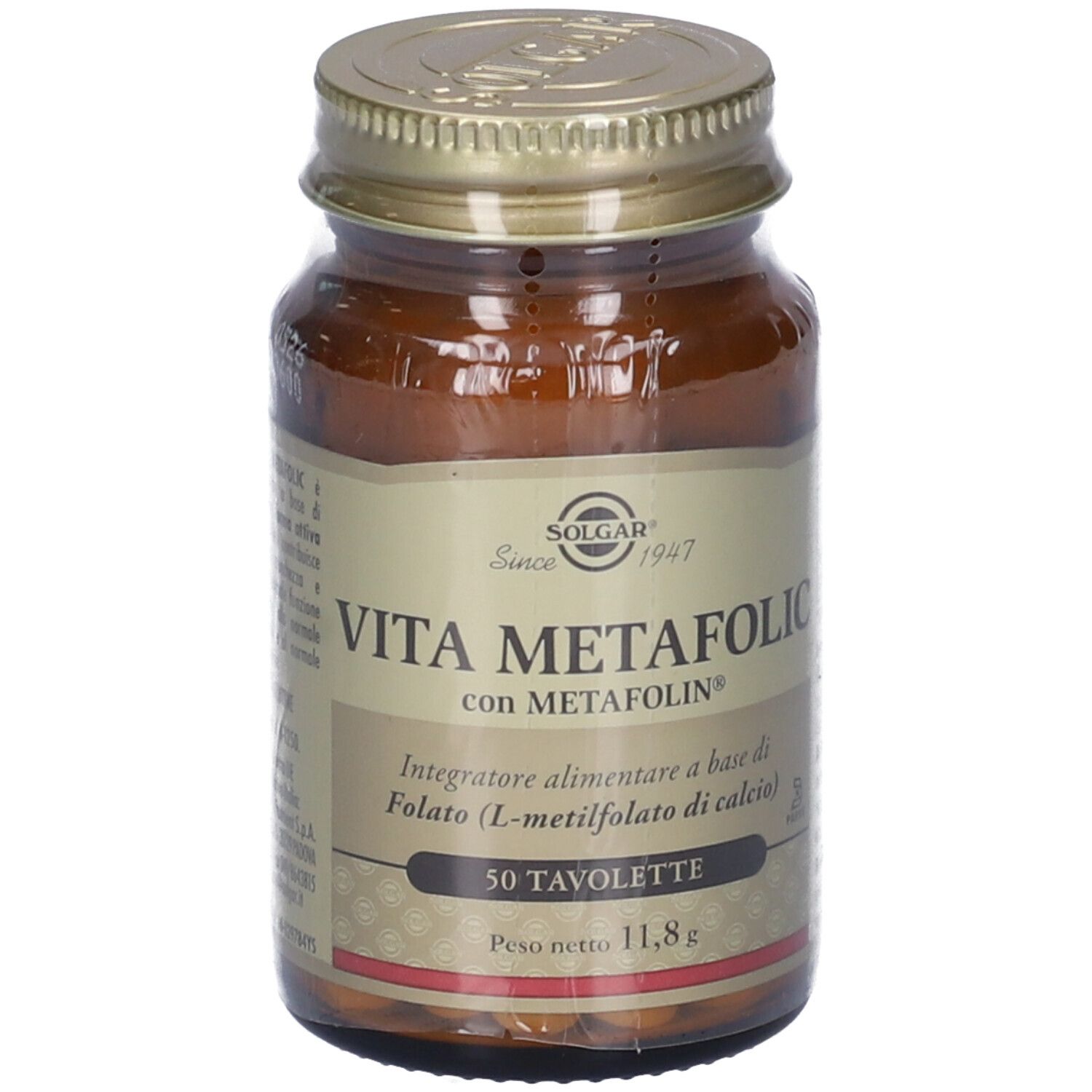 Flacone di vetro marrone con tappo dorato. Scritta: Vita Metafolic, 50 compresse. Marchio: Solgar.