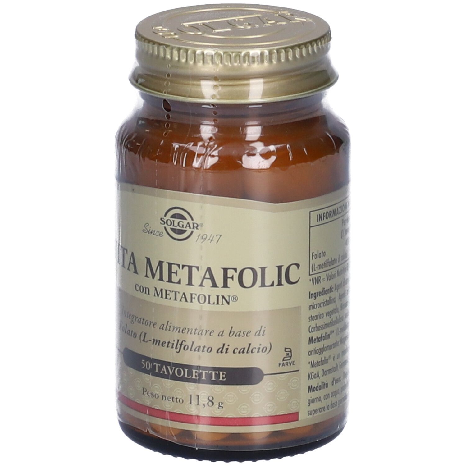 Flacone di vetro marrone con tappo dorato. Scritta: Vita Metafolic, 50 compresse. Marchio: Solgar.