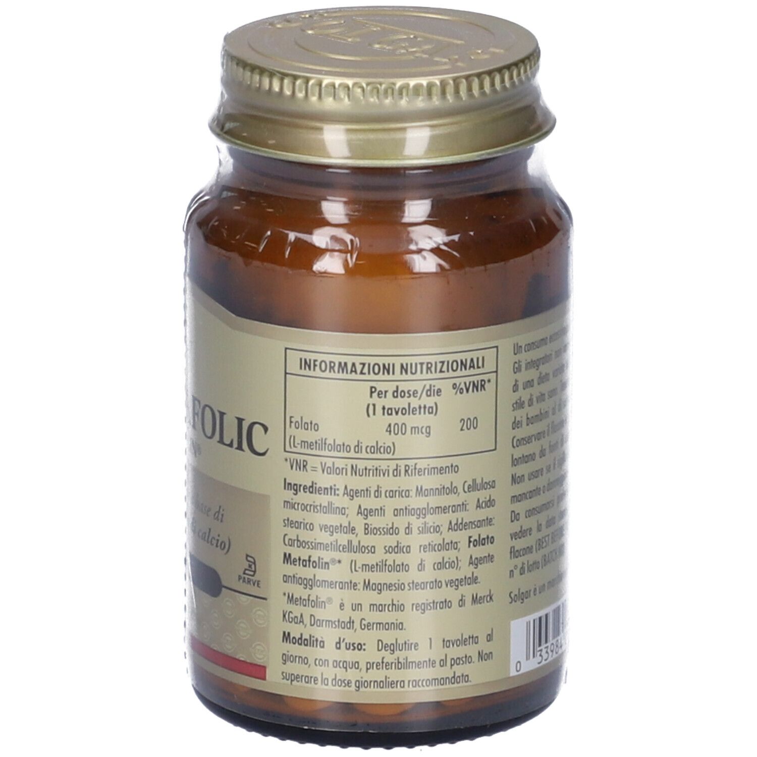 Flacone di vetro marrone con tappo dorato. Scritta: Vita Metafolic, 50 compresse. Marchio: Solgar.