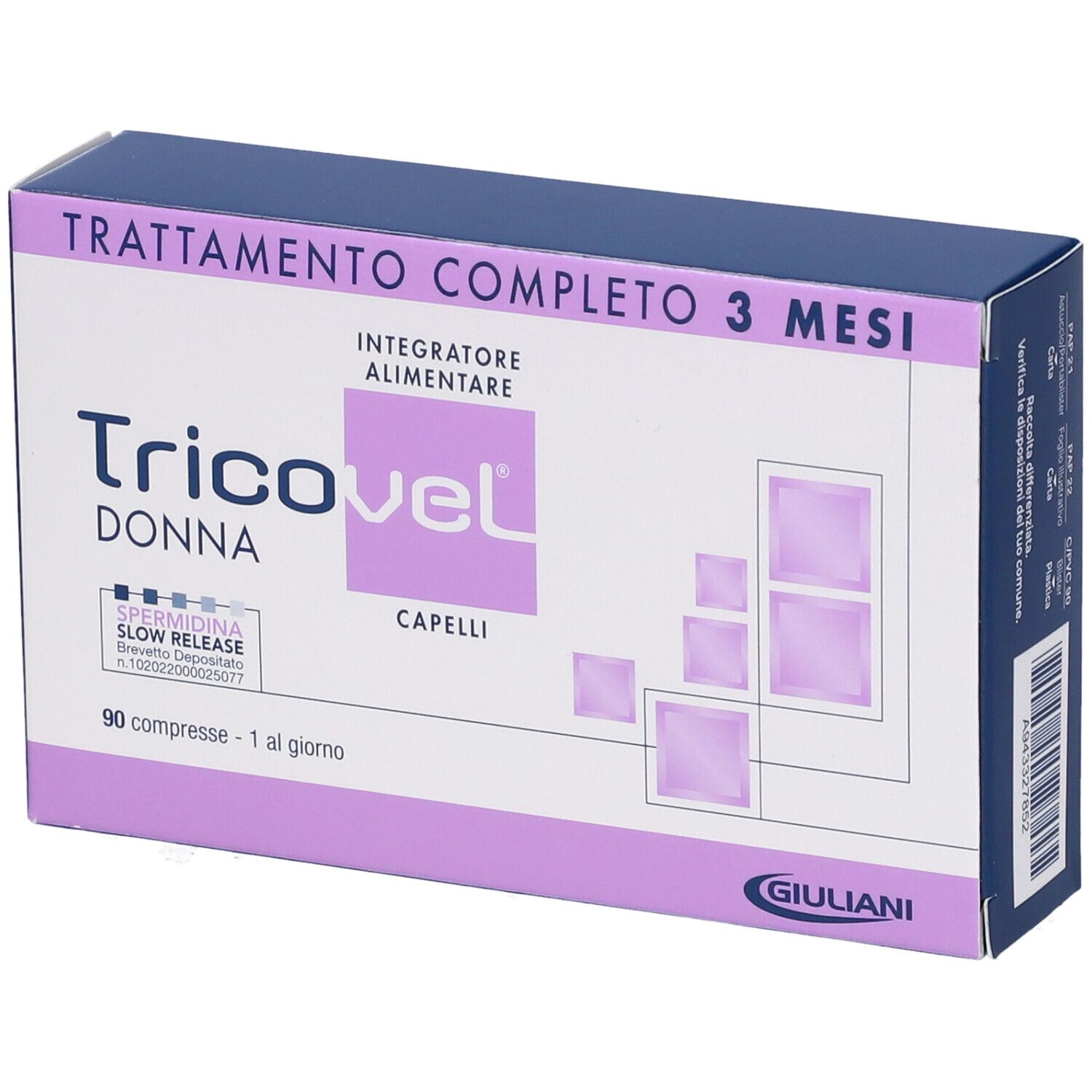 Scatola di integratore alimentare "Tricovel Donna". Design viola e bianco. Contiene 90 compresse. "Trattamento completo 3 mesi" in alto.