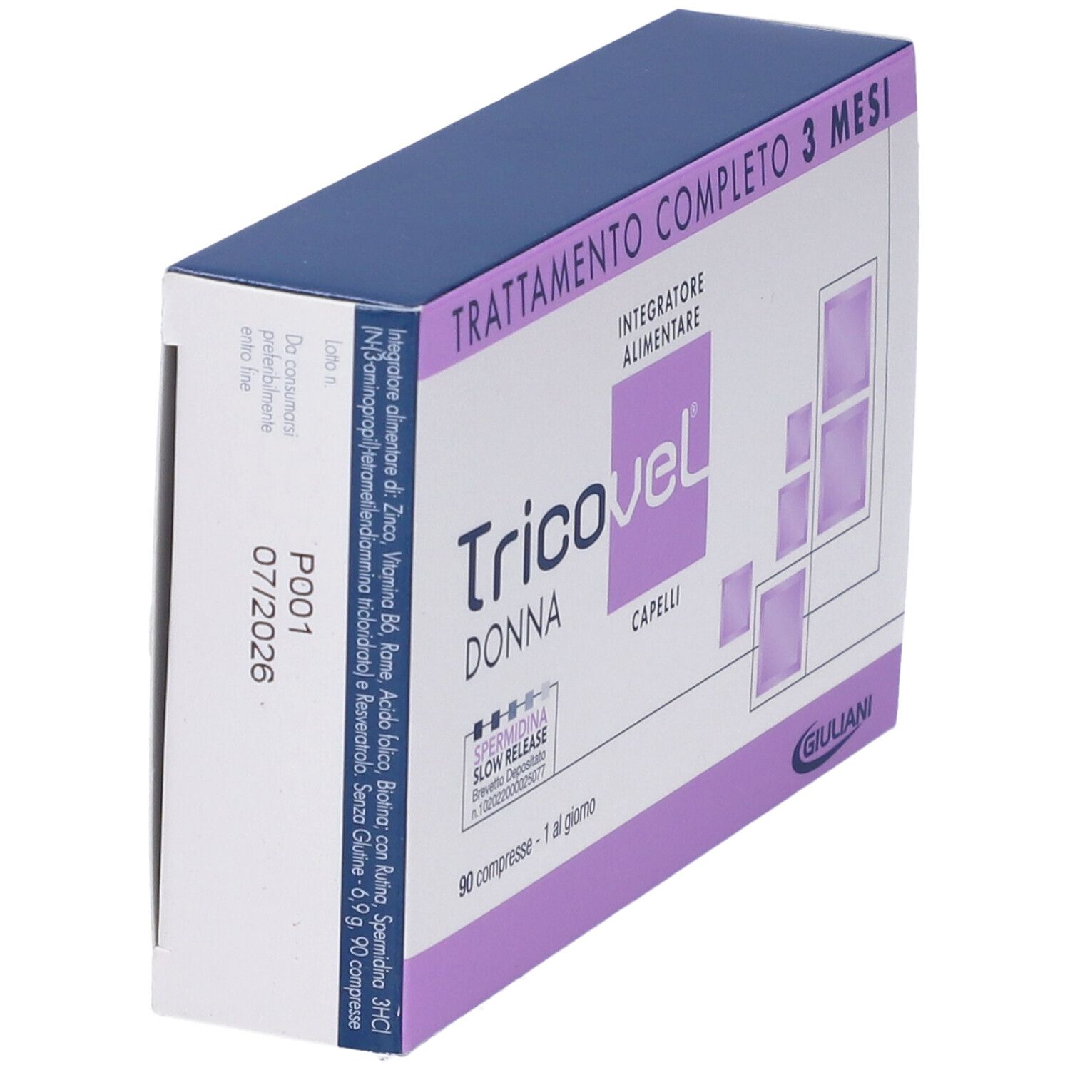 Scatola "Tricovel Donna" in prospettiva. Design viola e bianco. Contiene 90 compresse. "Trattamento completo 3 mesi" in alto.