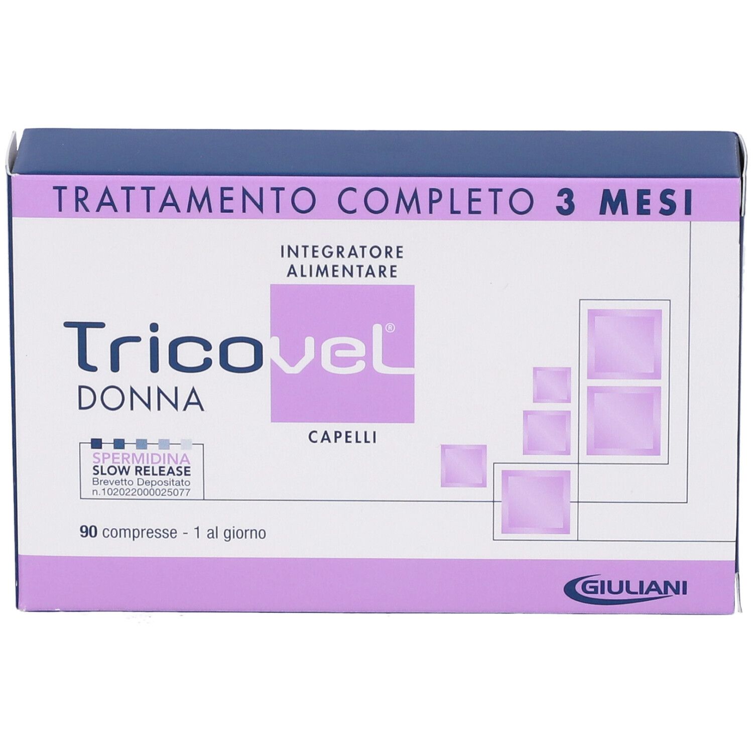Scatola "Tricovel Donna" con design viola e bianco. Contiene 90 compresse. "Trattamento completo 3 mesi" in alto. Logo Giuliani in basso.