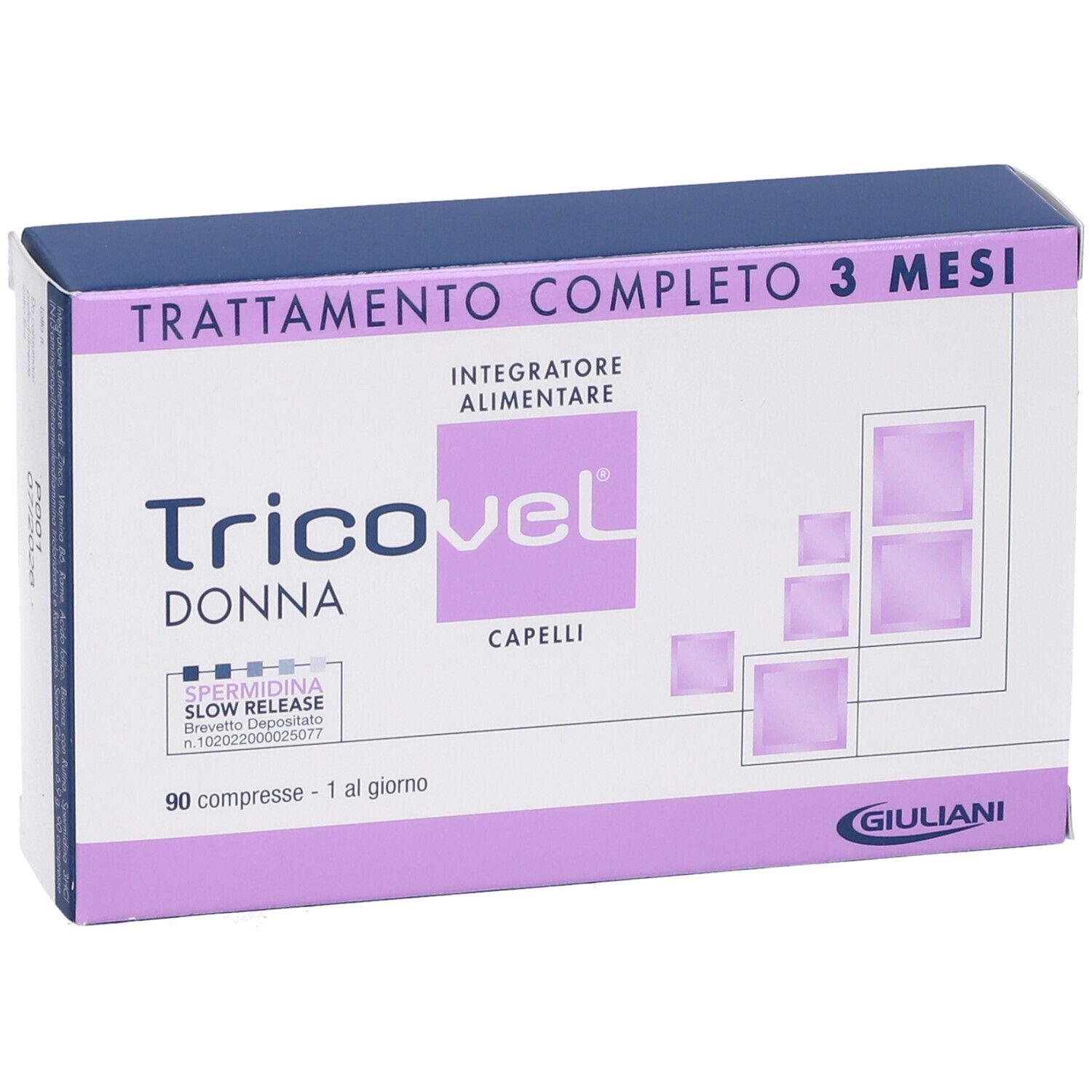 Scatola "Tricovel Donna" con design viola e bianco. Contiene 90 compresse. "Trattamento completo 3 mesi" in alto. Logo Giuliani in basso.