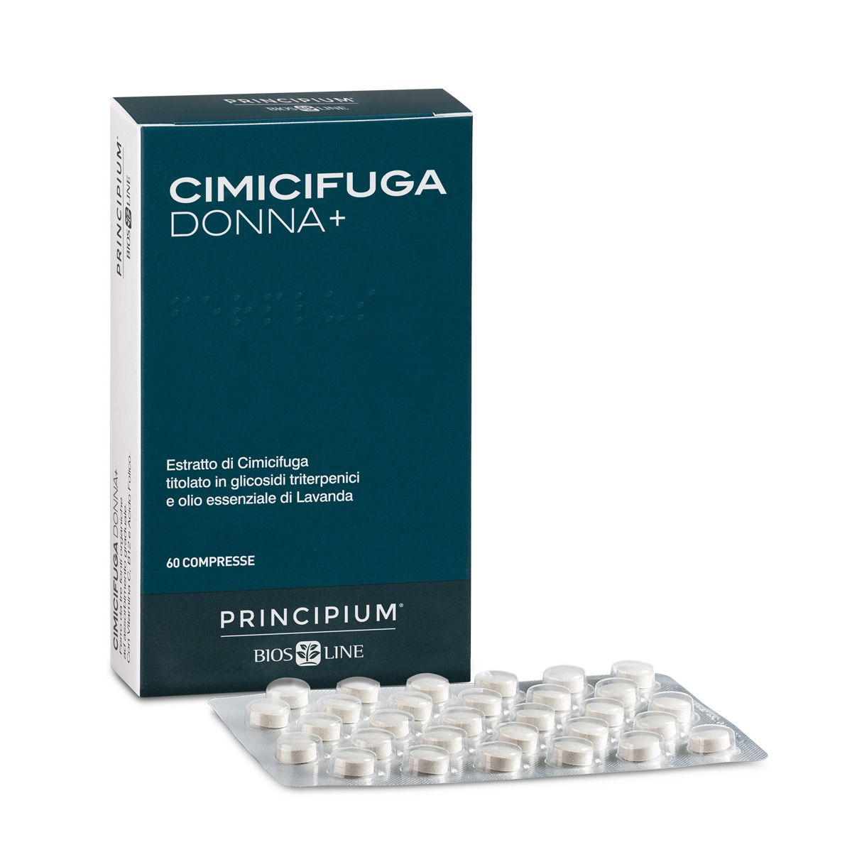 Tablettenpackung und Blister. Aufschrift: CIMICIFUGA DONNA+. Marke: Principium BIOS LINE. 60 Tabletten.