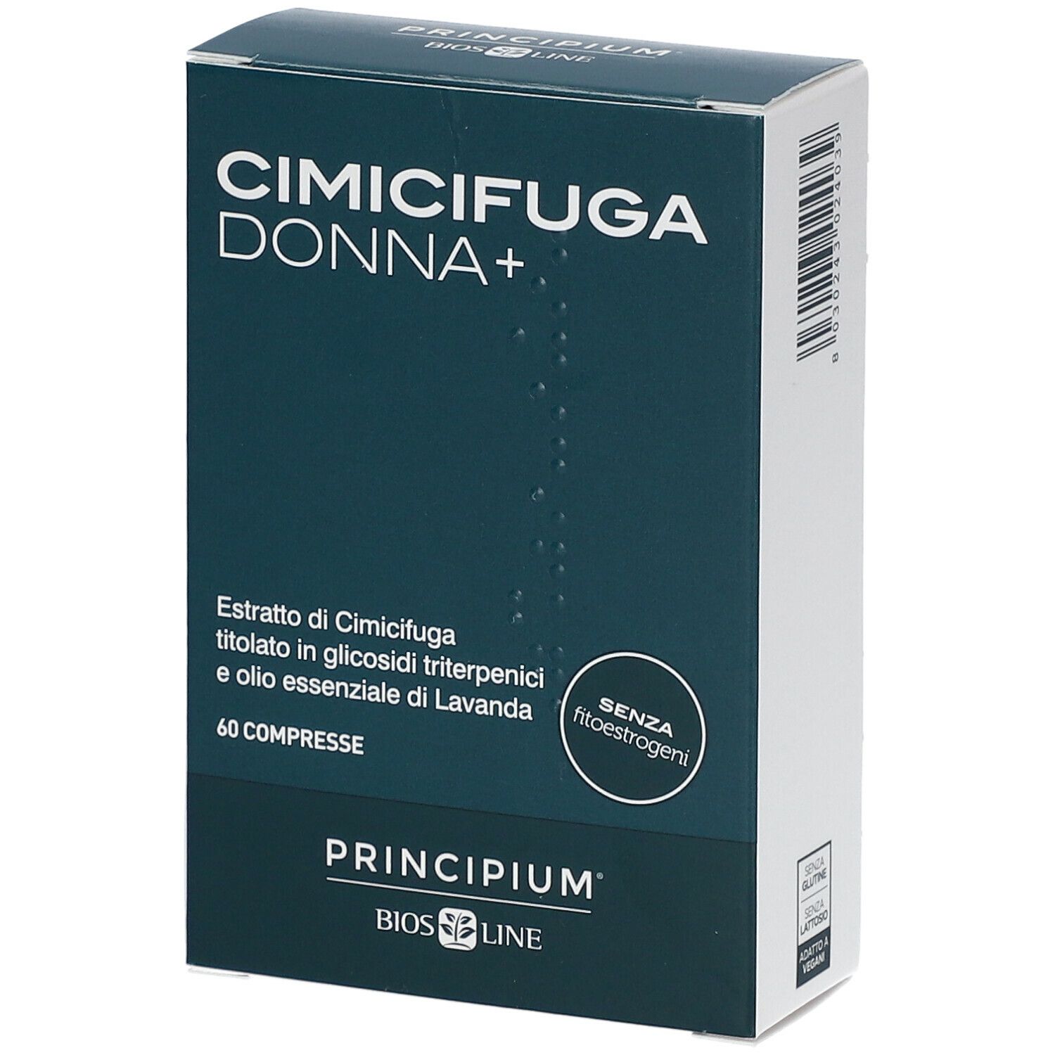 Produktverpackung. Aufschrift: CIMICIFUGA DONNA+. Marke: Principium BIOS LINE. 60 Tabletten. Ohne Phytoöstrogene.