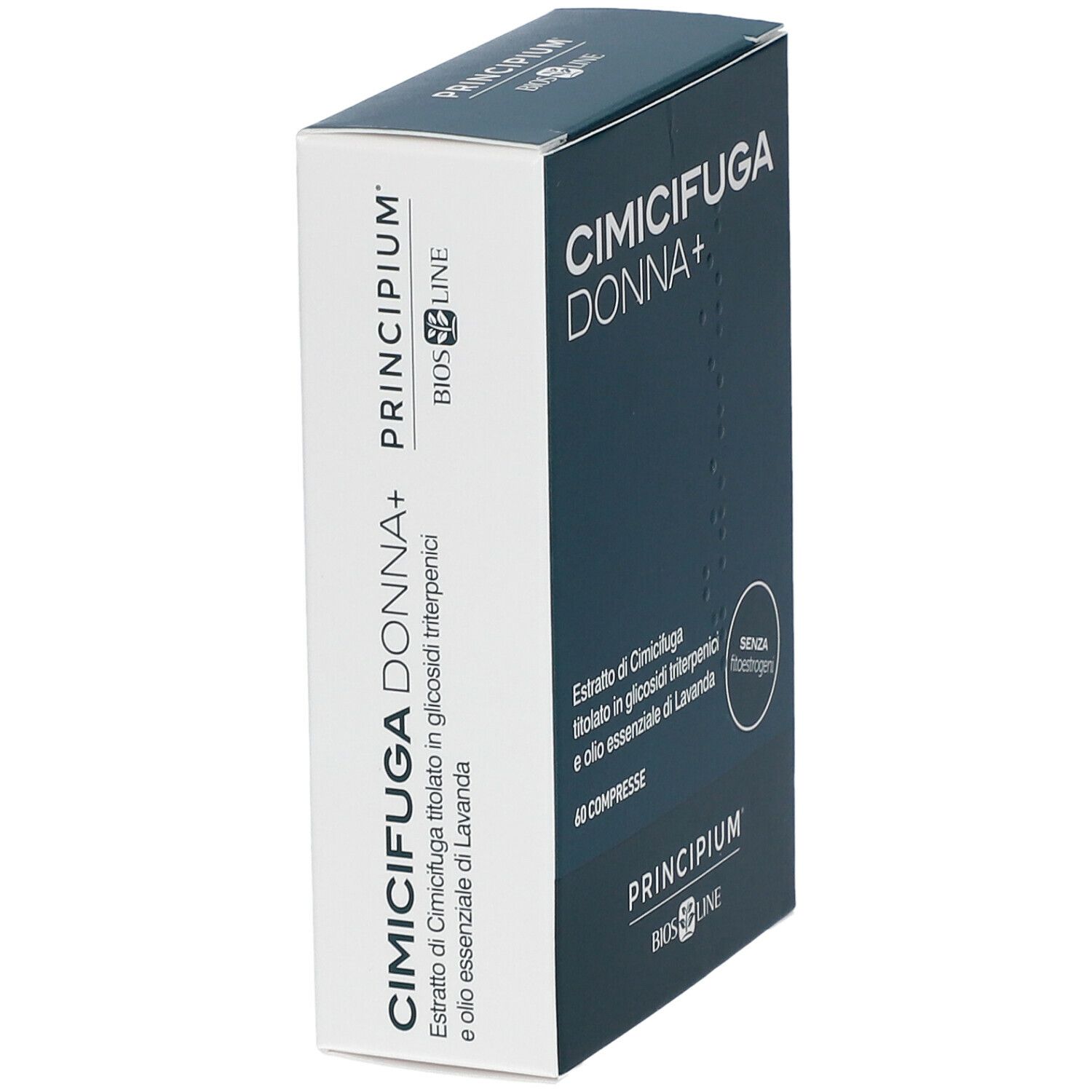 Produktverpackung. Aufschrift: CIMICIFUGA DONNA+. Marke: Principium BIOS LINE. 60 Tabletten. Ohne Phytoöstrogene.