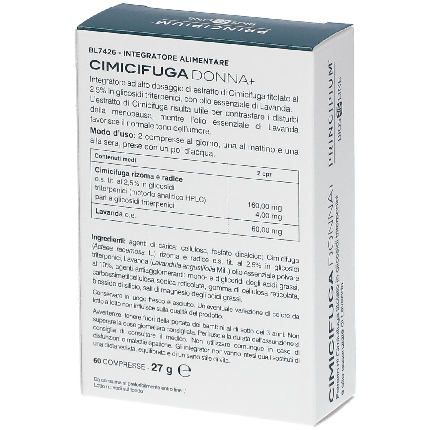 Produktverpackung. Aufschrift: CIMICIFUGA DONNA+. Marke: Principium BIOS LINE. 60 Tabletten. Inhaltsstoffe.