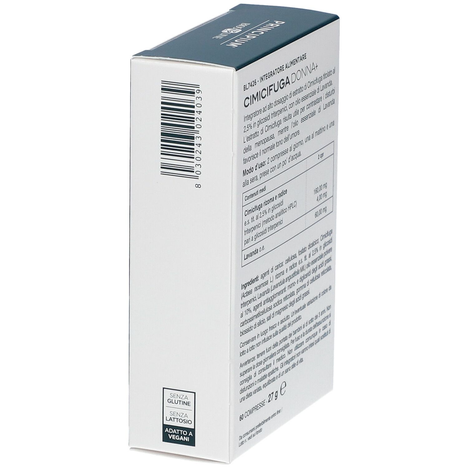 Produktverpackung. Aufschrift: CIMICIFUGA DONNA+. Marke: Principium BIOS LINE. 60 Tabletten. Barcode.