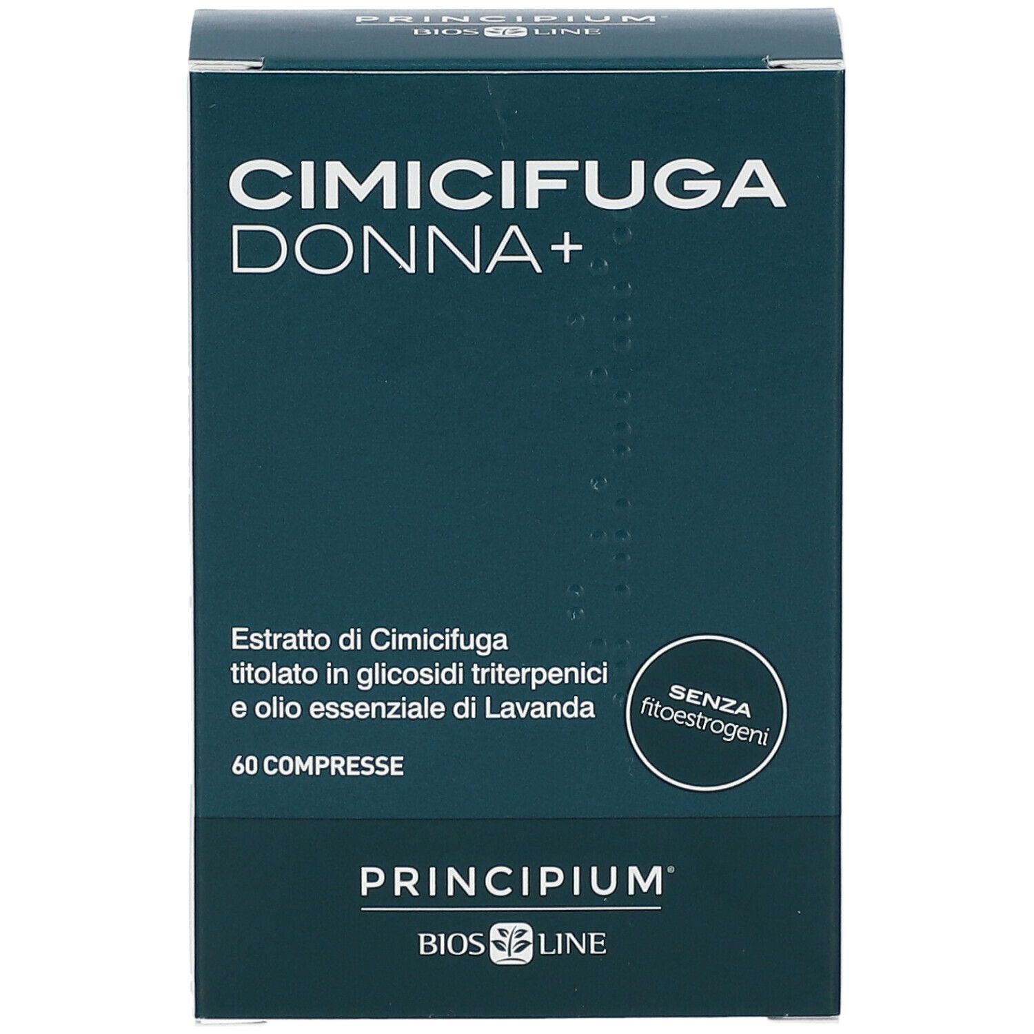 Produktverpackung. Aufschrift: CIMICIFUGA DONNA+. Marke: Principium BIOS LINE. 60 Tabletten. Ohne Phytoöstrogene.